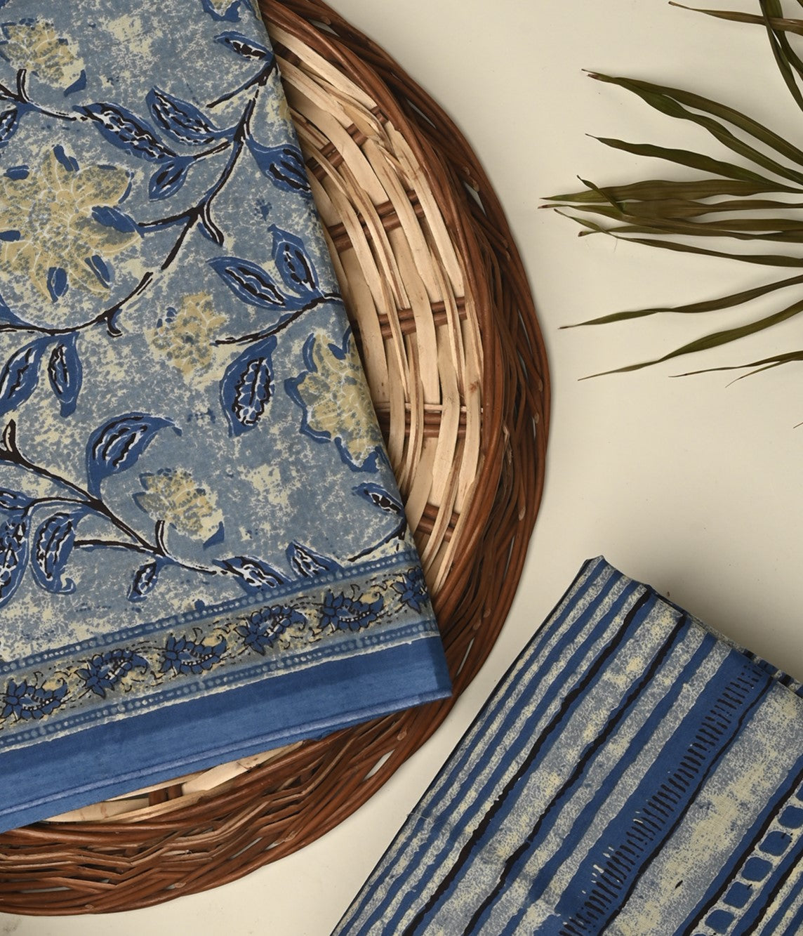 Smokey blue unstitched printed pure cotton fabric or dress material top and bottom set for women for dress from tanchui having sangeneri print bagru print Jaipuri print