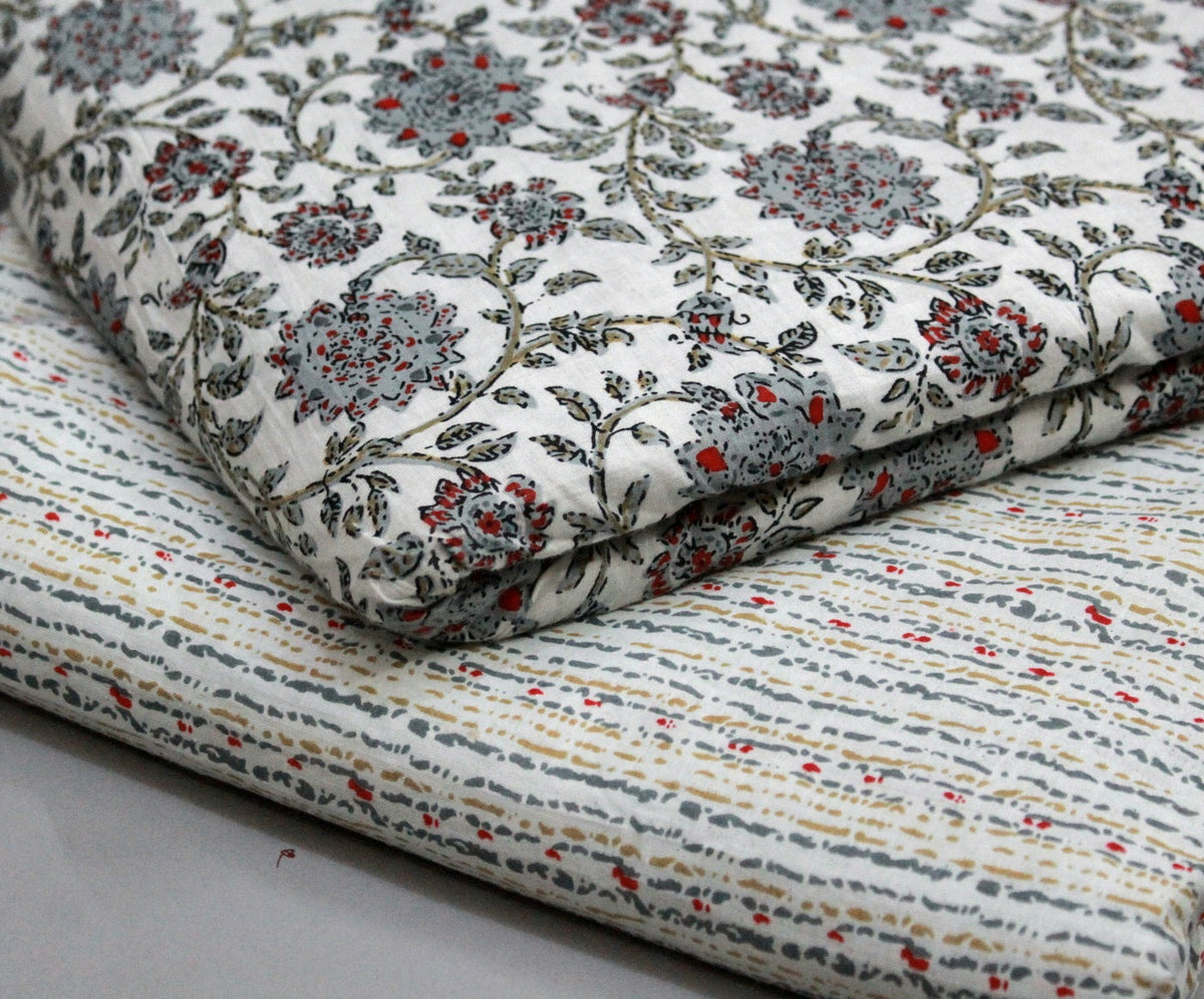 Grey with off white unstitched printed pure cotton fabric or dress material top and bottom set for women for dress from tanchui having sangeneri print bagru print Jaipuri print