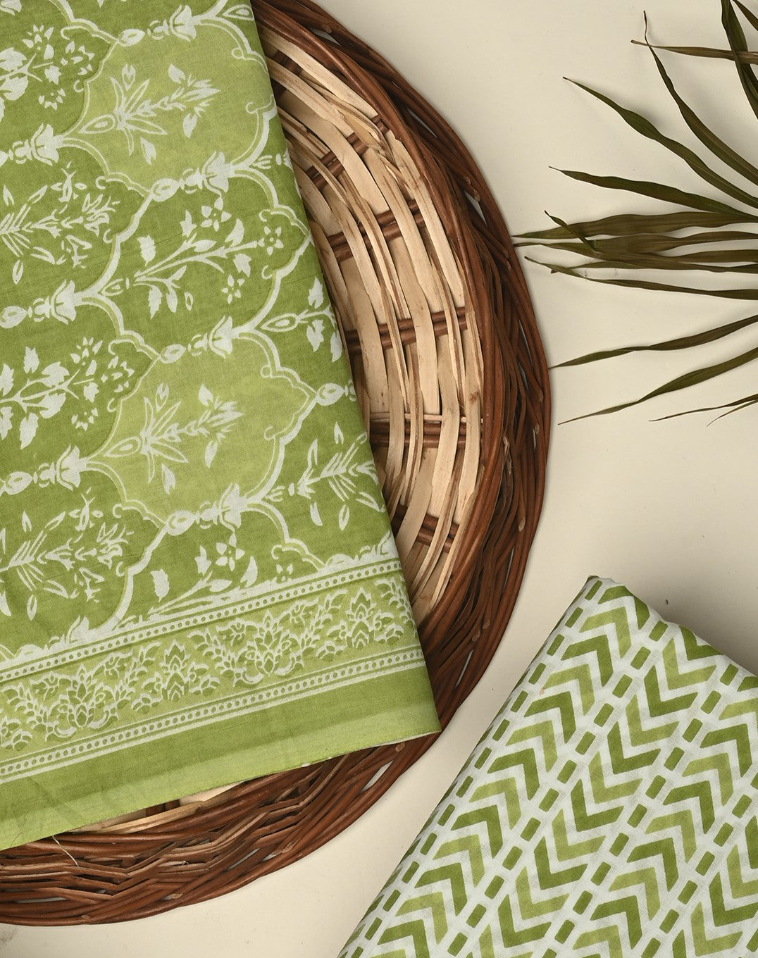 Light green unstitched printed pure cotton fabric or dress material top and bottom set for women for dress from tanchui having sangeneri print bagru print Jaipuri print