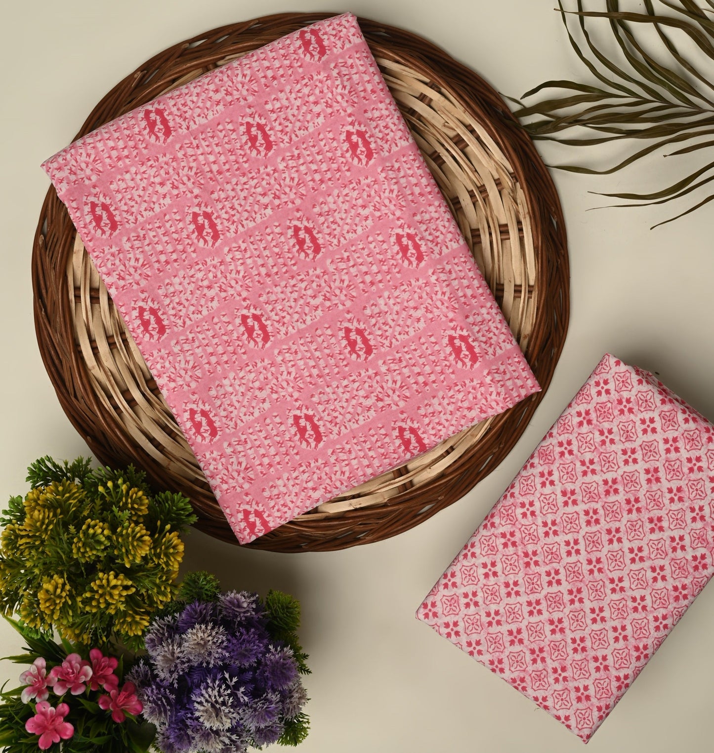 Pink unstitched printed pure cotton fabric or dress material top and bottom set for women for dress from tanchui having sangeneri print bagru print Jaipuri print
