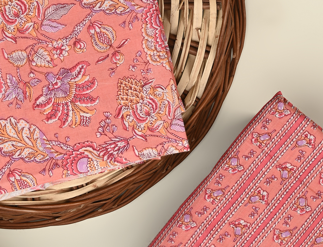 light peach unstitched printed pure cotton fabric or dress material top and bottom set for women for dress from tanchui having sangeneri print bagru print Jaipuri print