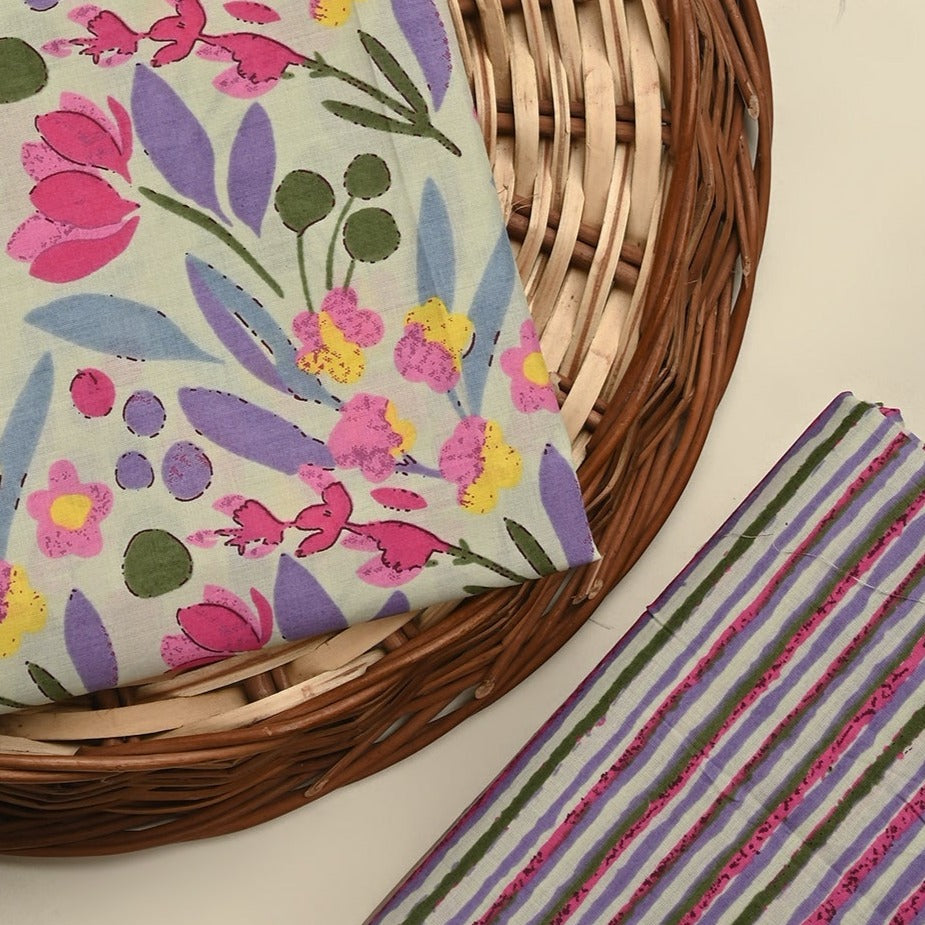 Multy unstitched printed pure cotton fabric or dress material top and bottom set for women for dress from tanchui having sangeneri print bagru print Jaipuri print