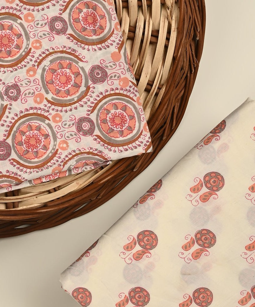 Pink unstitched printed pure cotton fabric or dress material top and bottom set for women for dress from tanchui having sangeneri print bagru print Jaipuri print