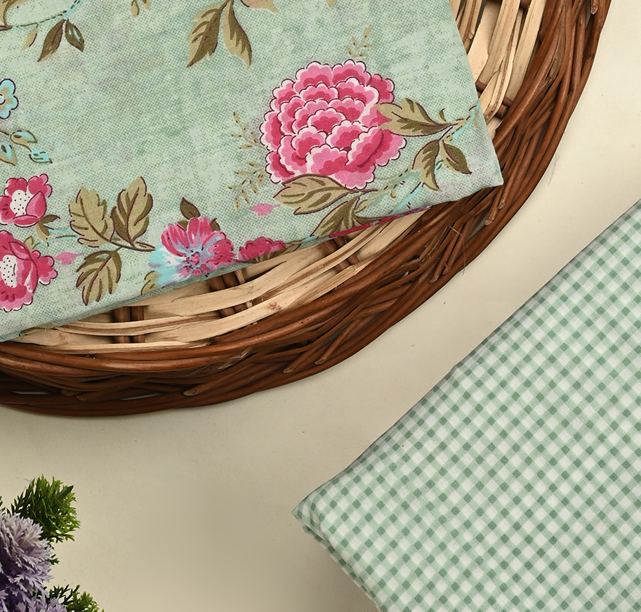 Green unstitched printed pure cotton fabric or dress material top and bottom set for women for dress from tanchui having sangeneri print bagru print Jaipuri print