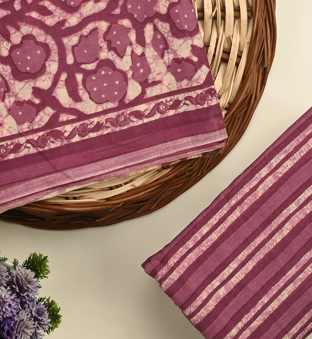 Purple unstitched printed pure cotton fabric or dress material top and bottom set for women for dress from tanchui having sangeneri print bagru print Jaipuri print