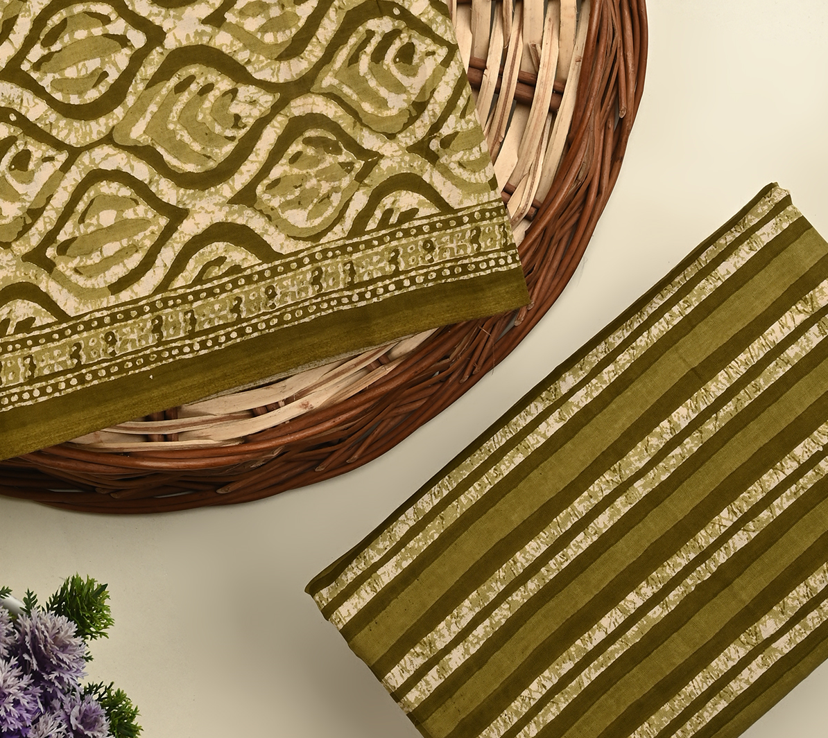 Green unstitched printed pure cotton fabric or dress material top and bottom set for women for dress from tanchui having sangeneri print bagru print Jaipuri print