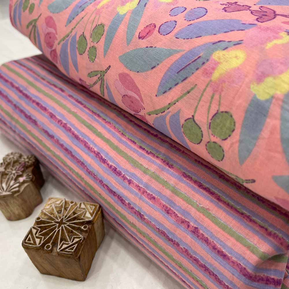 Pink unstitched printed pure cotton fabric or dress material top and bottom set for women for dress from tanchui having sangeneri print bagru print Jaipuri print