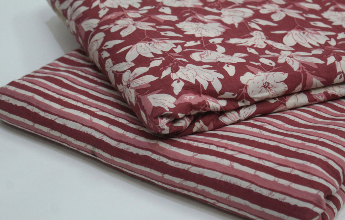Maroon unstitched printed pure cotton fabric or dress material top and bottom set for women for dress from tanchui having sangeneri print bagru print Jaipuri print