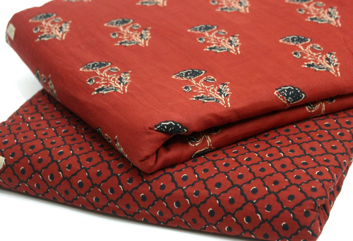 Dark red unstitched printed pure cotton fabric or dress material top and bottom set for women for dress from tanchui having sangeneri print bagru print Jaipuri print
