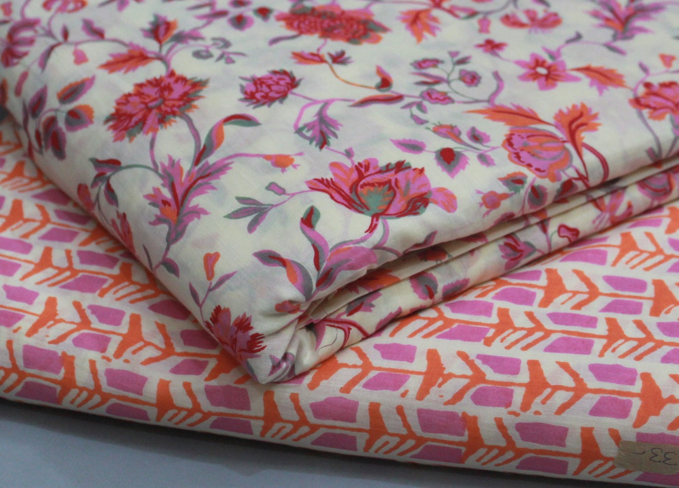 White unstitched printed pure cotton fabric or dress material top and bottom set for women for dress from tanchui having sangeneri print bagru print Jaipuri print