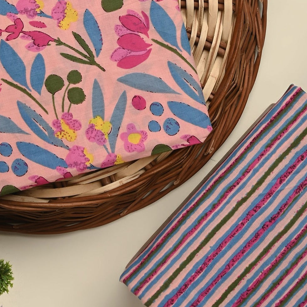 Pink unstitched printed pure cotton fabric or dress material top and bottom set for women for dress from tanchui having sangeneri print bagru print Jaipuri print