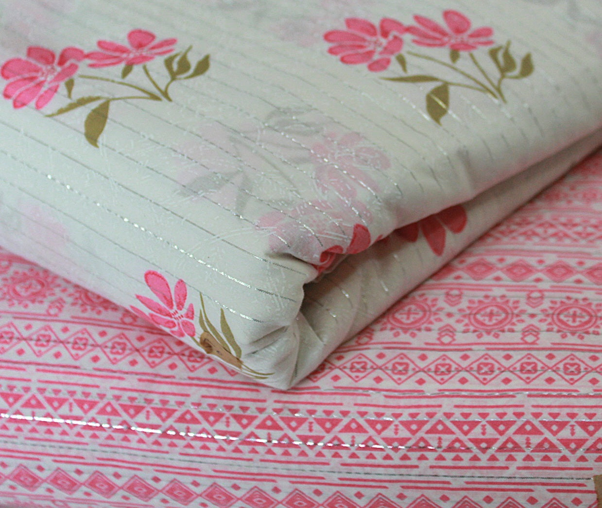 White unstitched printed pure cotton fabric or dress material top and bottom set for women for dress from tanchui having sangeneri print bagru print Jaipuri print