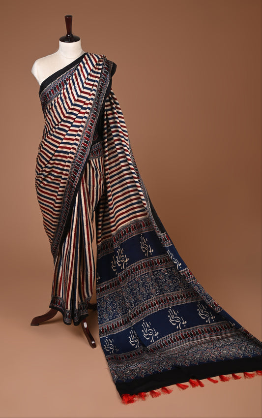 PURE CUPRO MODAL SAREE – AUTHENTIC AJRAKH HANDBLOCK PRINT