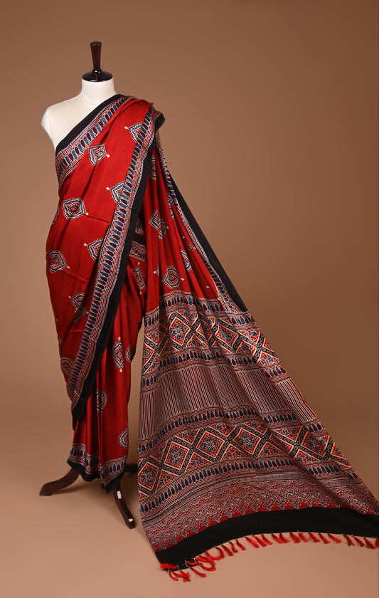 PURE CUPRO MODAL SAREE – AUTHENTIC AJRAKH HANDBLOCK PRINT