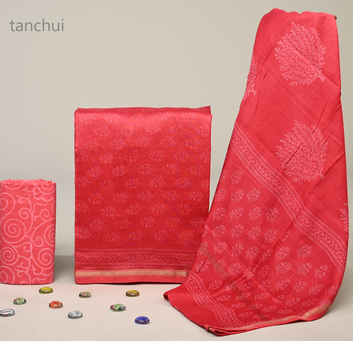 Cream Printed Chanderi Silk Straight Suit Set With Trousers