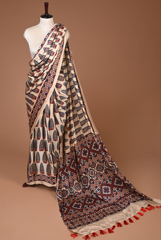 PURE CUPRO MODAL SAREE – AUTHENTIC AJRAKH HANDBLOCK PRINT