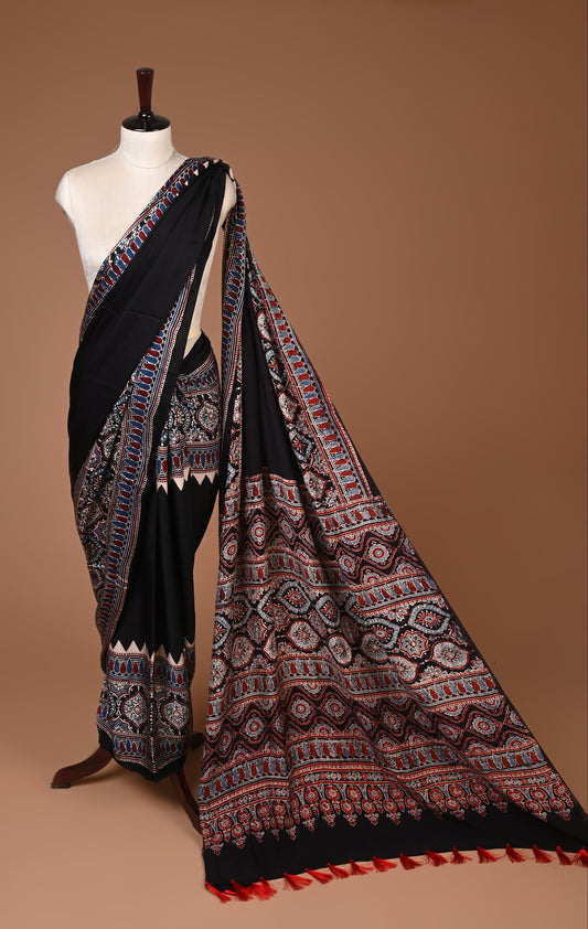 PURE CUPRO MODAL SAREE – AUTHENTIC AJRAKH HANDBLOCK PRINT