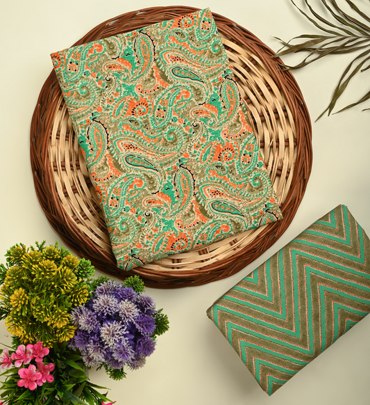 Green unstitched printed pure cotton fabric or dress material top and bottom set for women for dress from tanchui having sangeneri print bagru print Jaipuri print