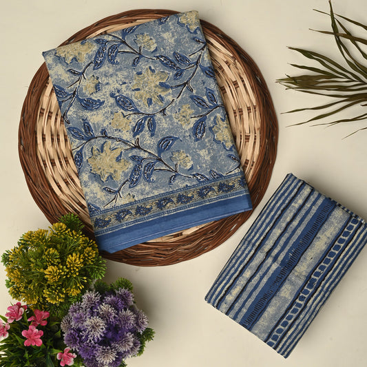 Smokey blue unstitched printed pure cotton fabric or dress material top and bottom set for women for dress from tanchui having sangeneri print bagru print Jaipuri print