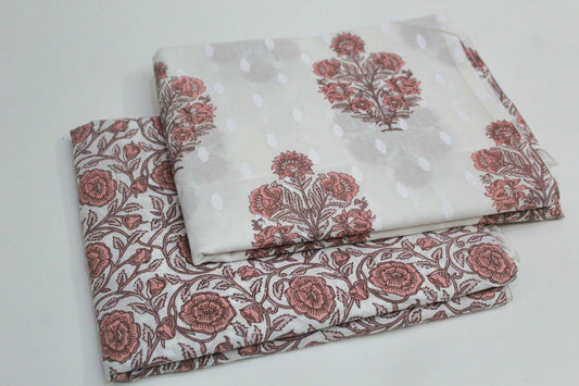 Peach with white unstitched printed  pure cotton fabric or dress material top and bottom set for women for dress from tanchui having sangeneri print bagru print Jaipuri print