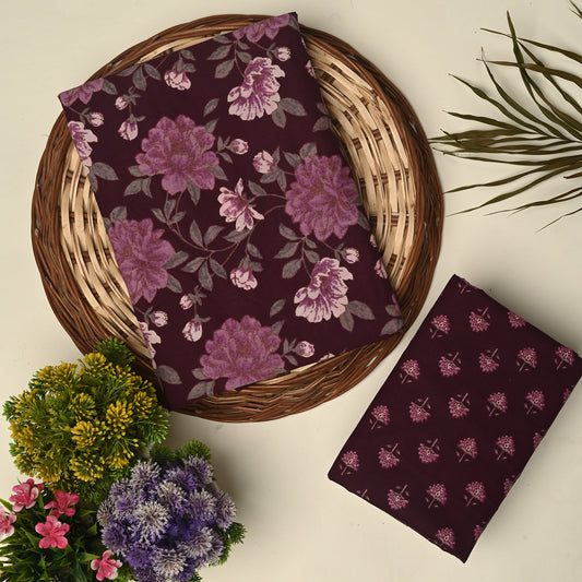 Dark Purple unstitched printed  pure cotton fabric or dress material top and bottom set for women for dress from tanchui having sangeneri print bagru print Jaipuri print