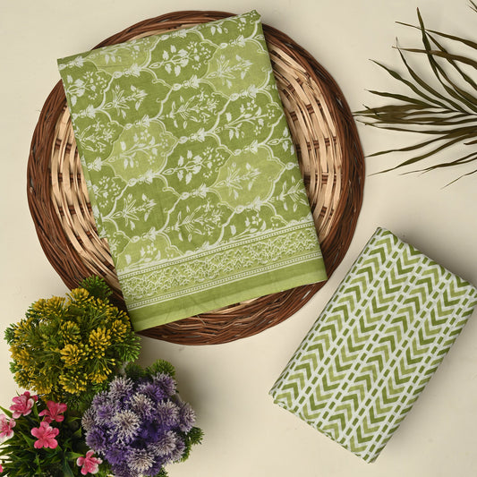 Light green unstitched printed  pure cotton fabric or dress material top and bottom set for women for dress from tanchui having sangeneri print bagru print Jaipuri print