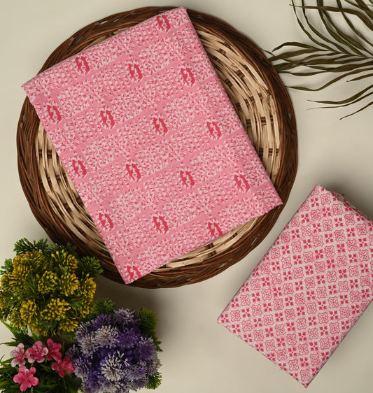 Pink unstitched printed  pure cotton fabric or dress material top and bottom set for women for dress from tanchui having sangeneri print bagru print Jaipuri print