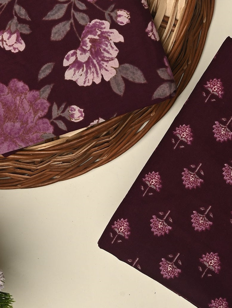 Dark Purple unstitched printed pure cotton fabric or dress material top and bottom set for women for dress from tanchui having sangeneri print bagru print Jaipuri print
