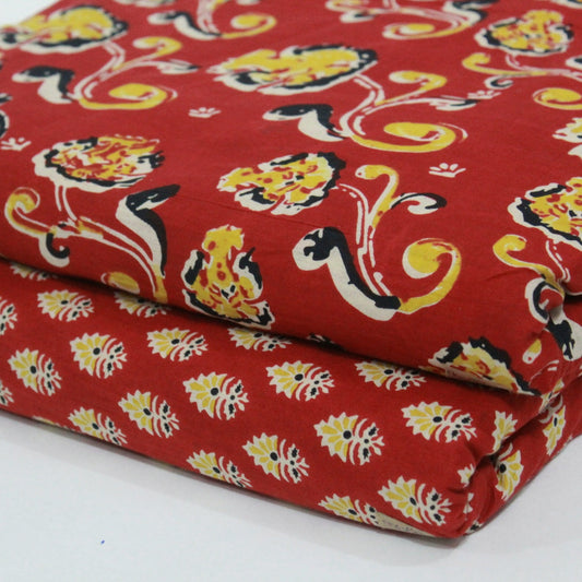 Red unstitched printed pure cotton fabric or dress material top and bottom set for women for dress from tanchui having sangeneri print bagru print Jaipuri print