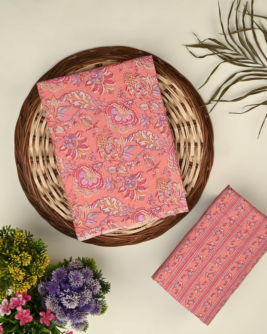 light peach unstitched printed  pure cotton fabric or dress material top and bottom set for women for dress from tanchui having sangeneri print bagru print Jaipuri print