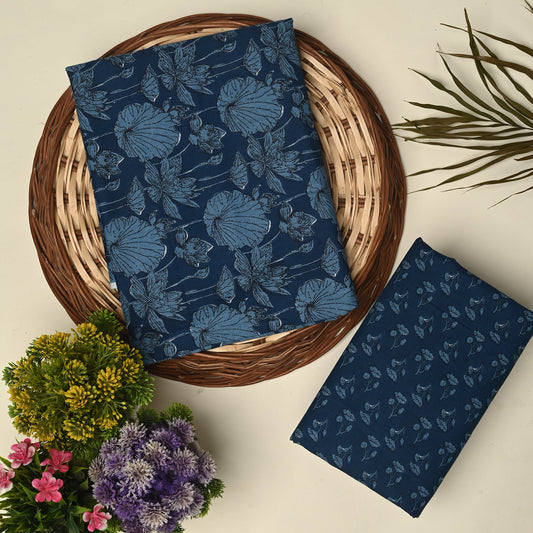 Navy blue unstitched printed  pure cotton fabric or dress material top and bottom set for women for dress from tanchui having sangeneri print bagru print Jaipuri print