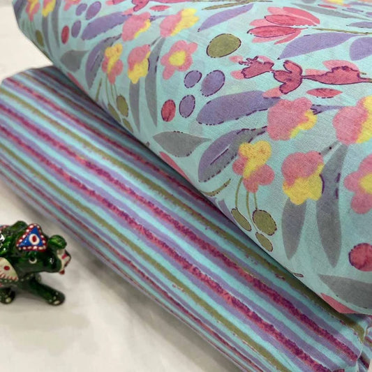 Green unstitched printed  pure cotton fabric or dress material top and bottom set for women for dress from tanchui having sangeneri print bagru print Jaipuri print