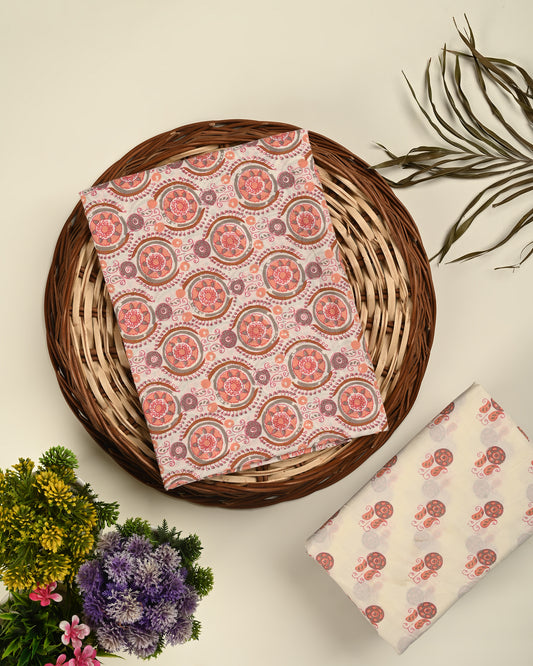 Pink unstitched printed  pure cotton fabric or dress material top and bottom set for women for dress from tanchui having sangeneri print bagru print Jaipuri print