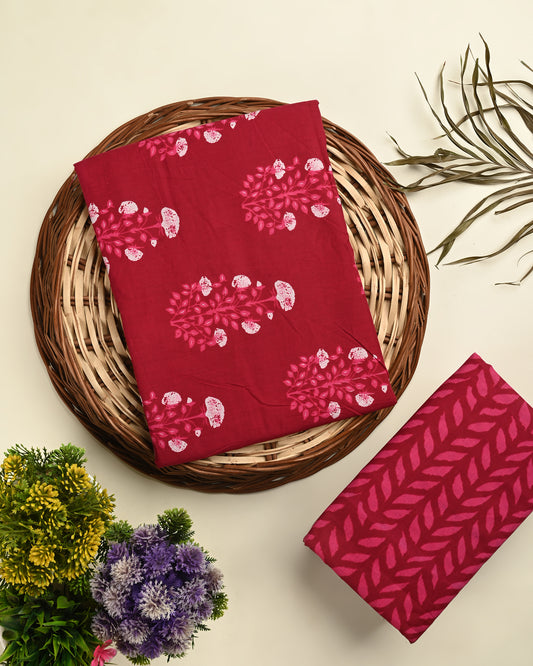 Red unstitched printed  pure cotton fabric or dress material top and bottom set for women for dress from tanchui having sangeneri print bagru print Jaipuri print