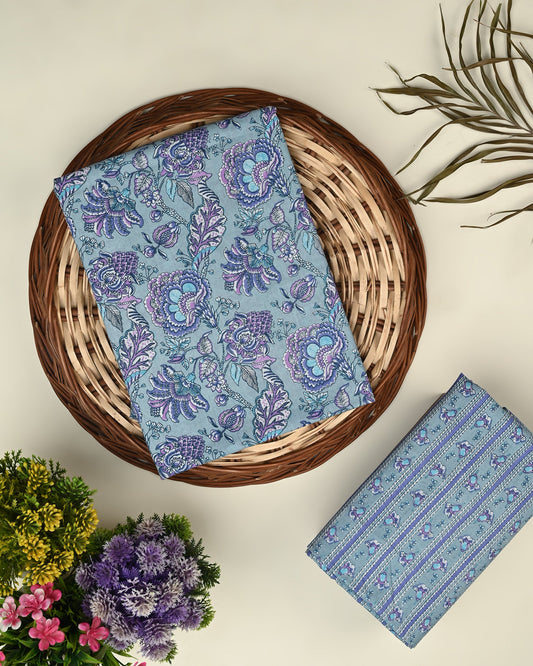 Grey unstitched printed  pure cotton fabric or dress material top and bottom set for women for dress from tanchui having sangeneri print bagru print Jaipuri print
