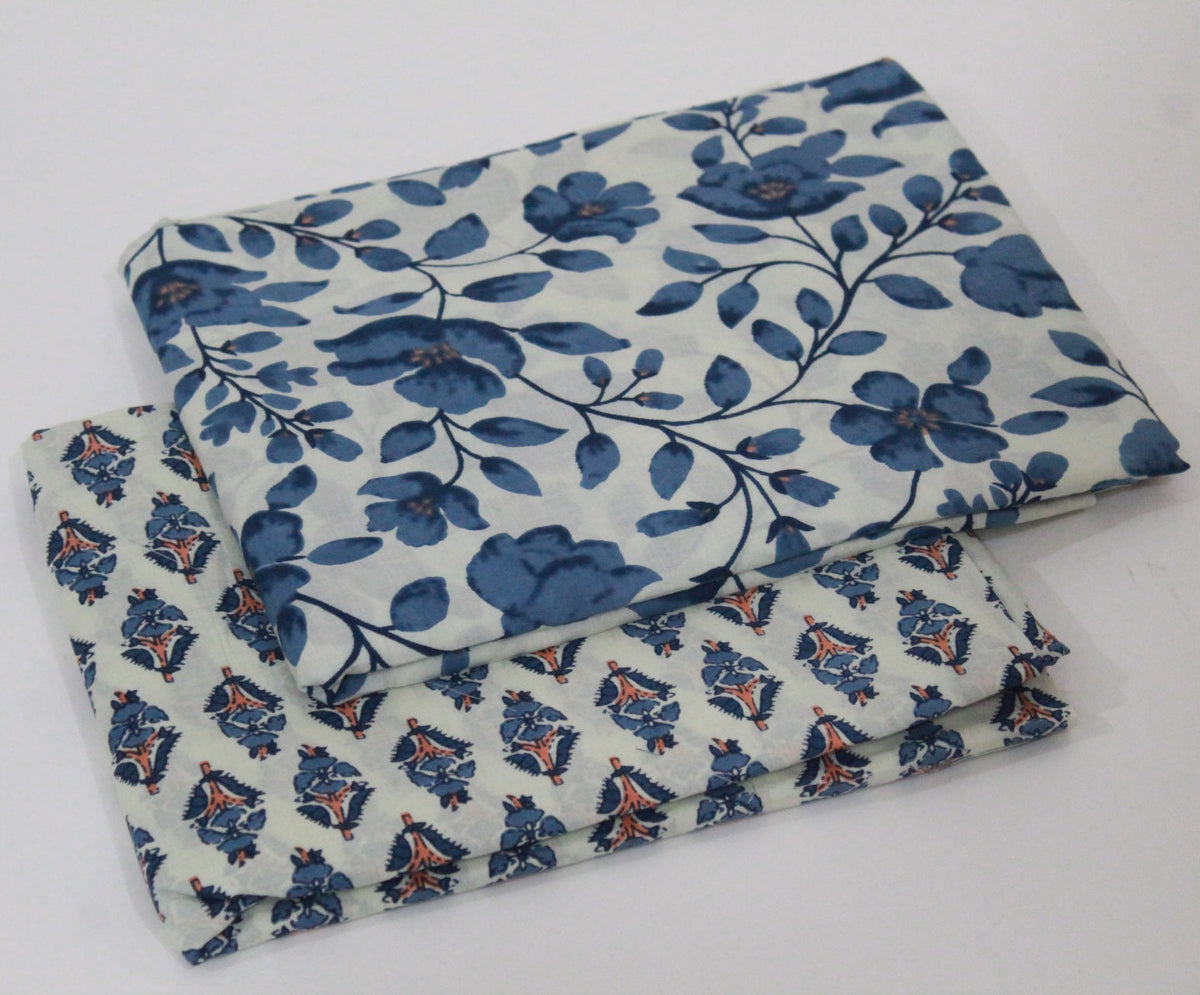 Blue unstitched printed  pure cotton fabric or dress material top and bottom set for women for dress from tanchui having sangeneri print bagru print Jaipuri print