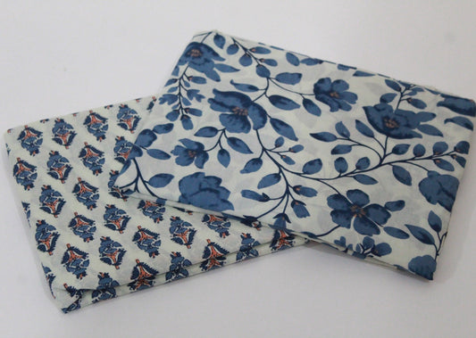 Blue unstitched printed  pure cotton fabric or dress material top and bottom set for women for dress from tanchui having sangeneri print bagru print Jaipuri print