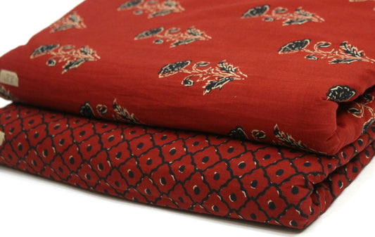 Dark red unstitched printed  pure cotton fabric or dress material top and bottom set for women for dress from tanchui having sangeneri print bagru print Jaipuri print