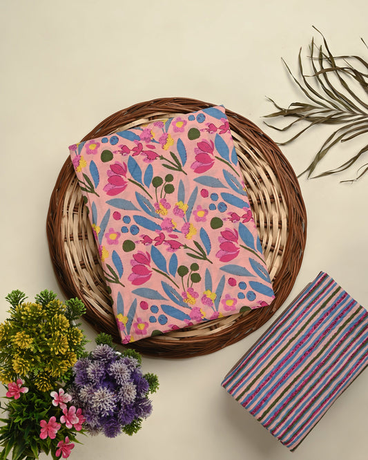 Pink  unstitched printed  pure cotton fabric or dress material top and bottom set for women for dress from tanchui having sangeneri print bagru print Jaipuri print